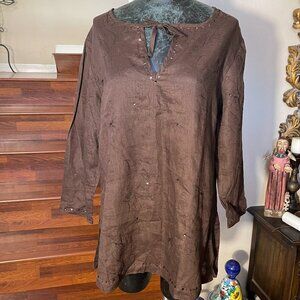 Valerie Stevens Size XL Brown Beaded Linen Long Sleeve Tunic Blouse V-neck Tie